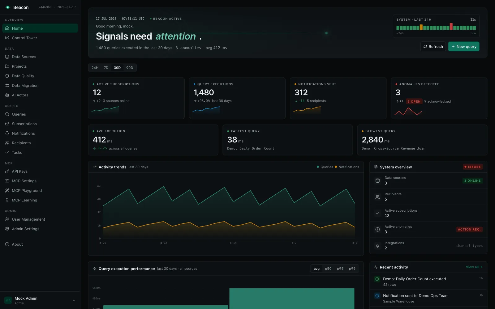 Beacon home dashboard (dark theme)