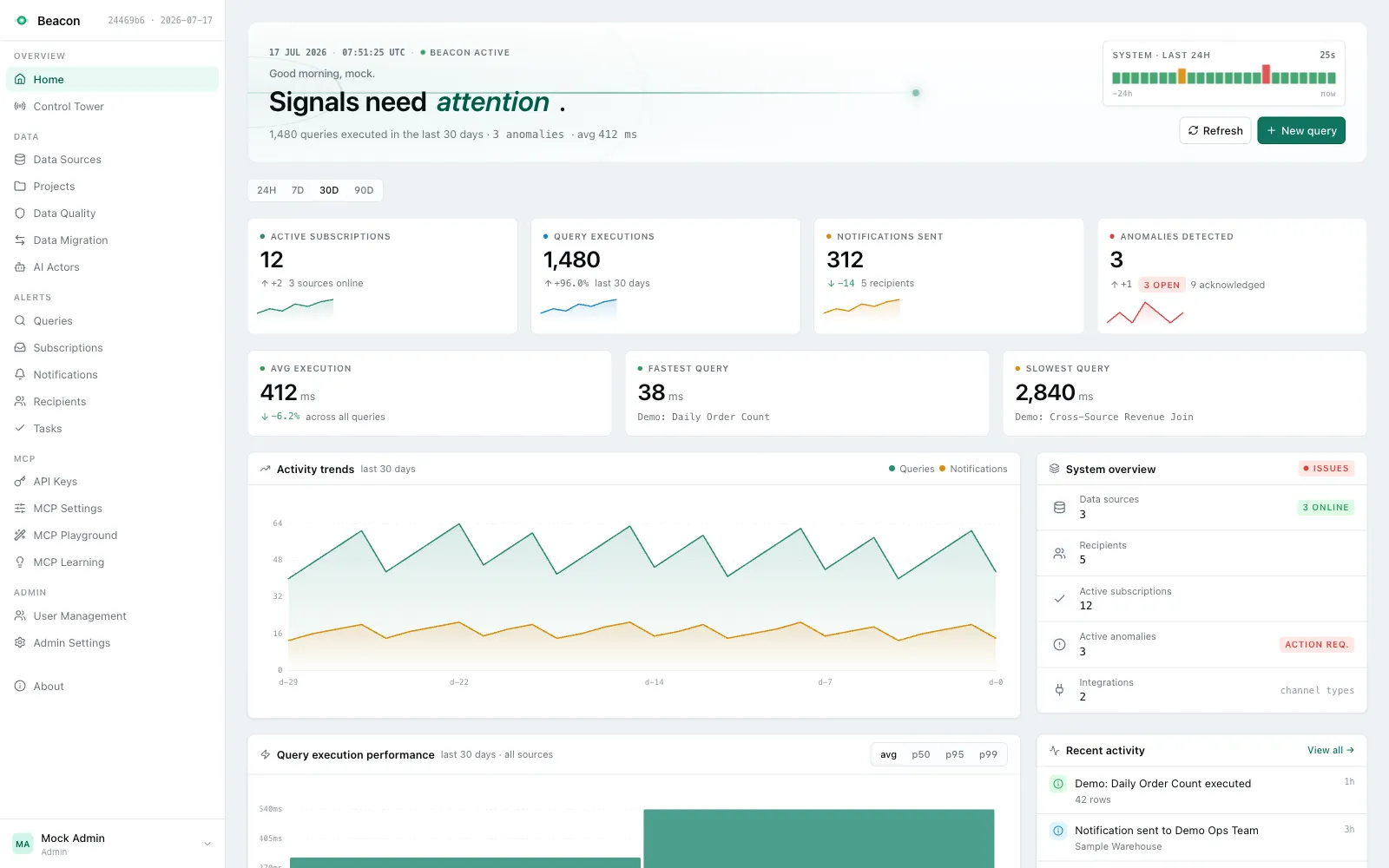 Beacon home dashboard (light theme)