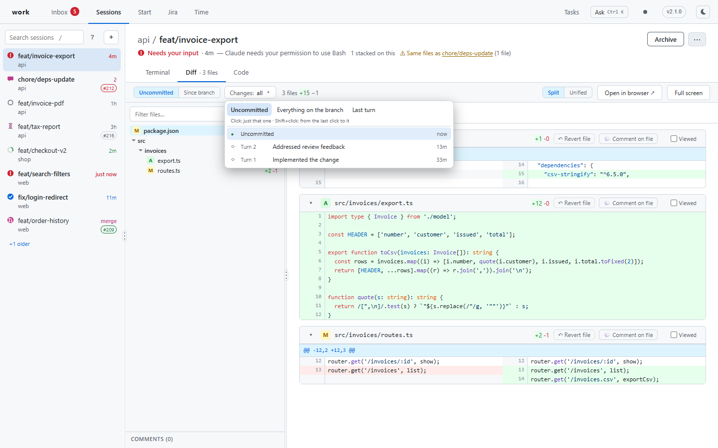 The Diff tab with its list of turns and commits
